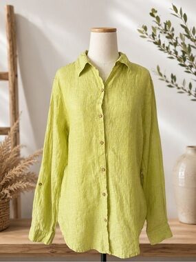 JNY 100% Linen Button-Up Shirt Sz M Lime Green Long Sleeve Collared Top